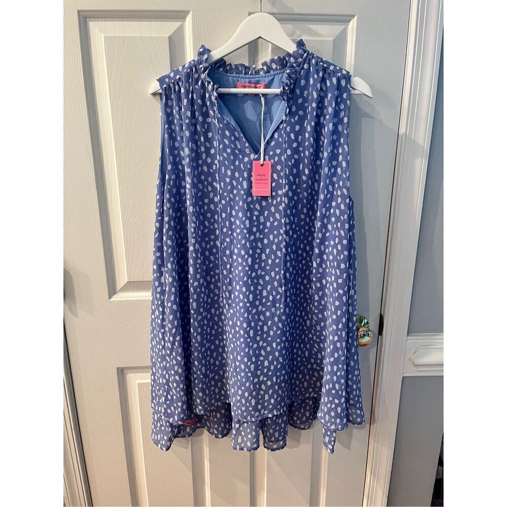 Simply Southern Ruffle Neck Blue Spot Tiered Tunic Swing Too sz L NWT